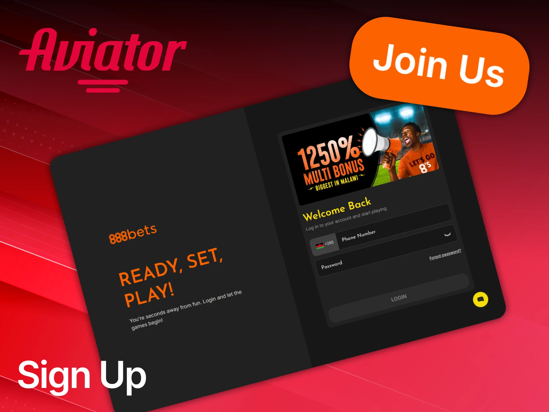 Quick steps to sign up for 888bets to play Aviator in Malawi.
