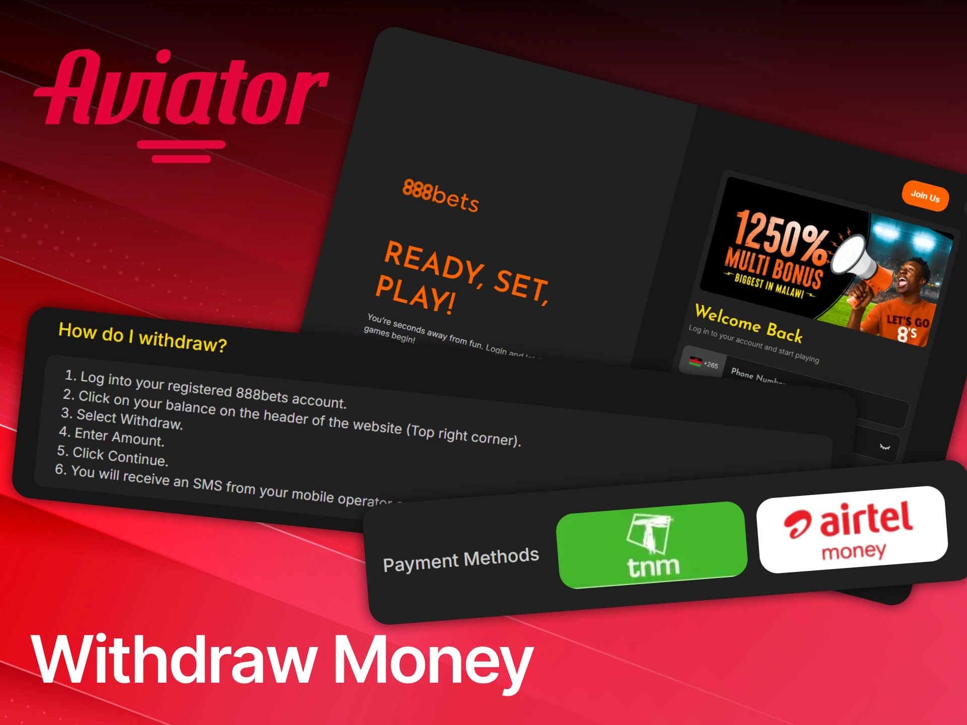 Learn how to withdraw money at 888bets after winning the Aviator game.